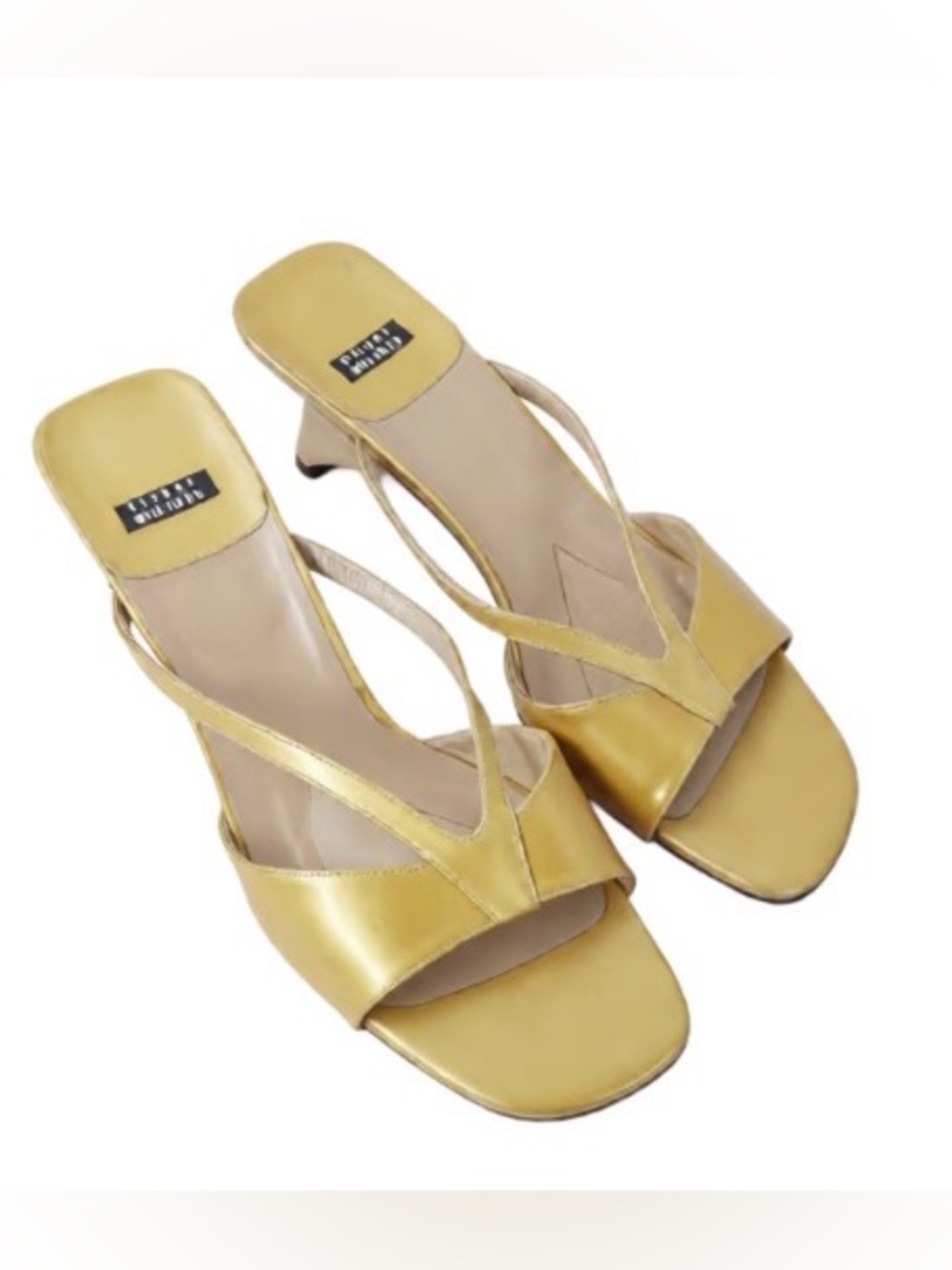 Stuart Weitzman Leather Slip-On Sandals Gold Strappy Heeled Sandals Size 8 EUC